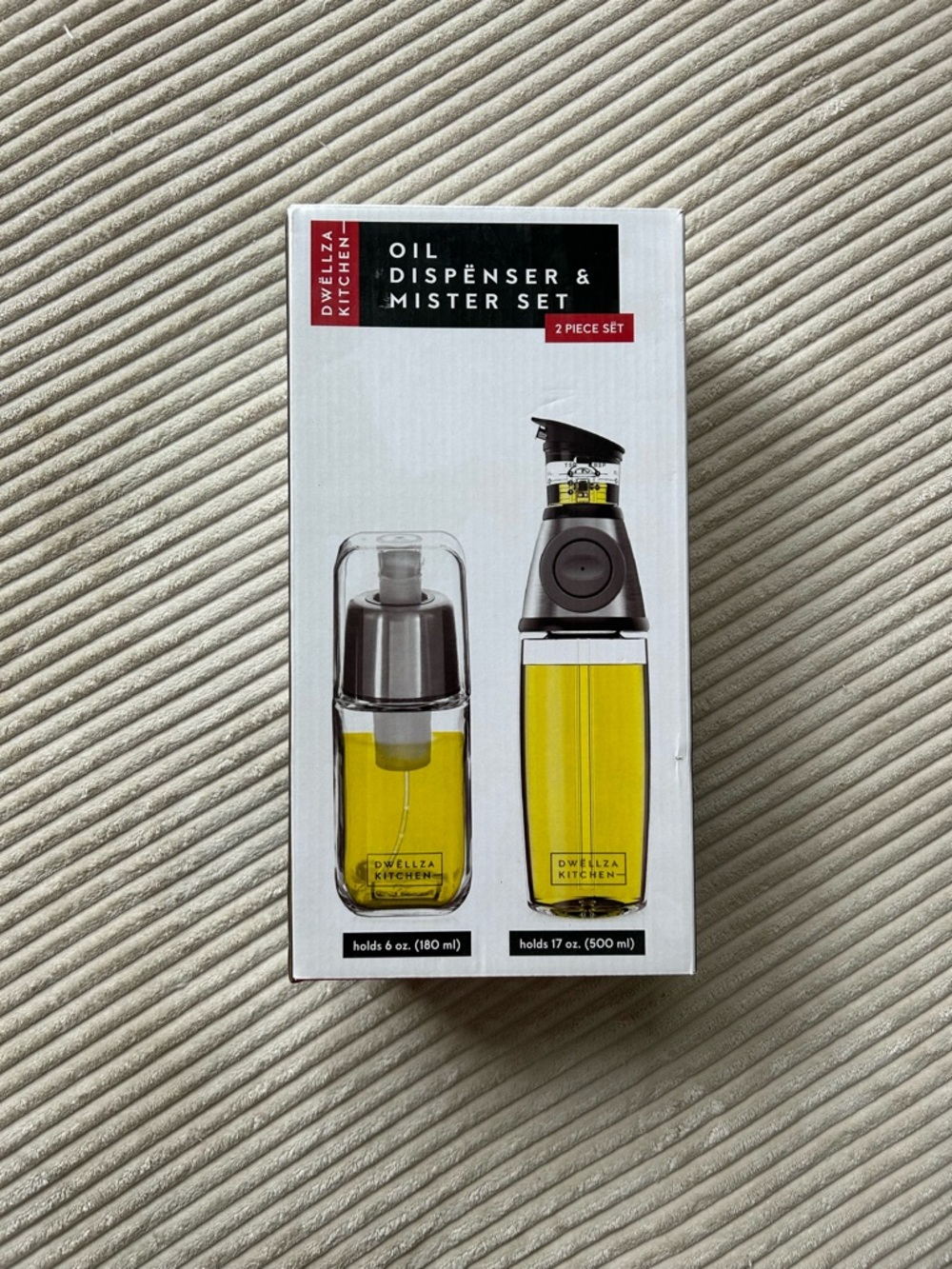 Dwellza Kitchen Oil Dispenser & Mister Set - Clear Bottle with Yellow Oil